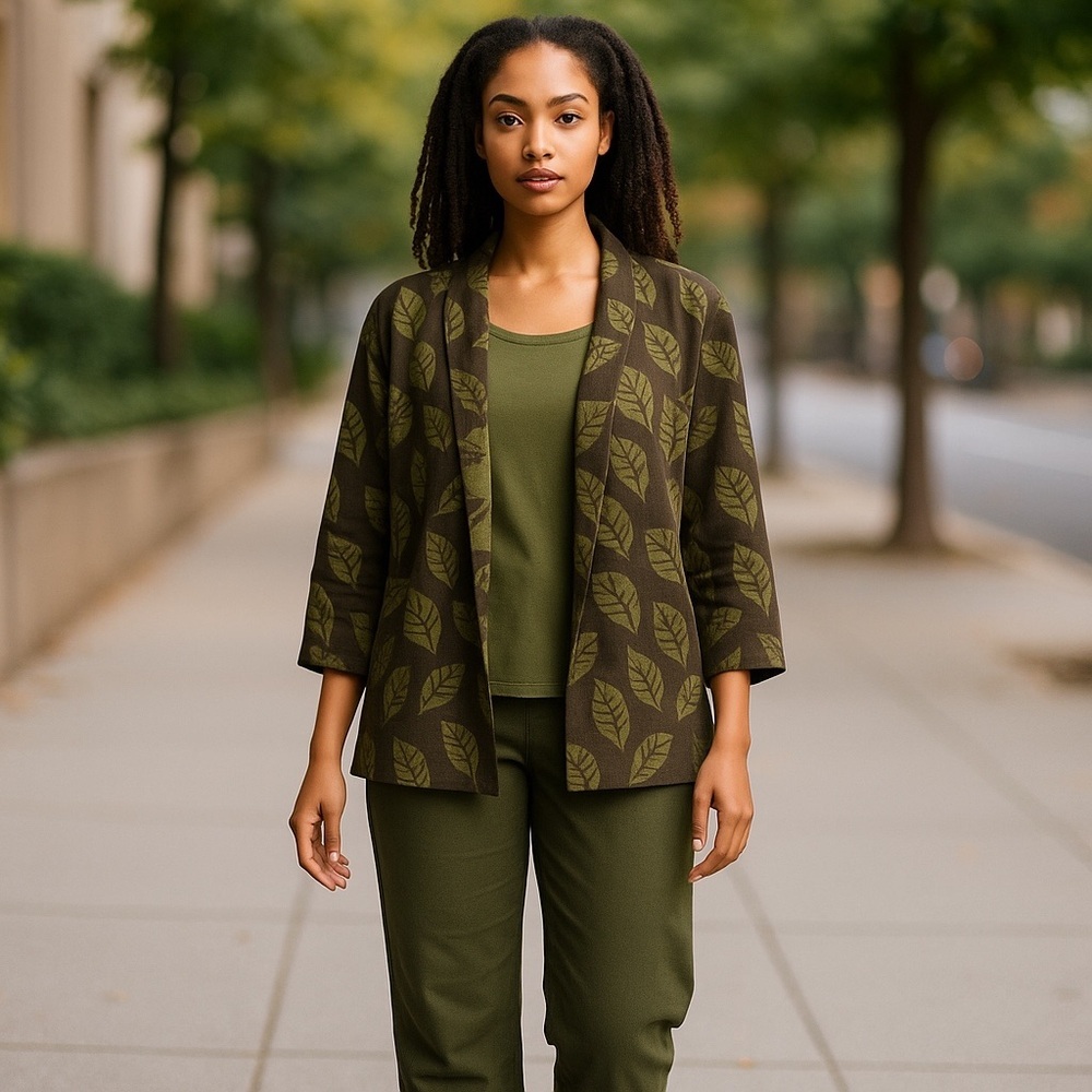 Christopher Banks sweater set leaf print greens and browns medium